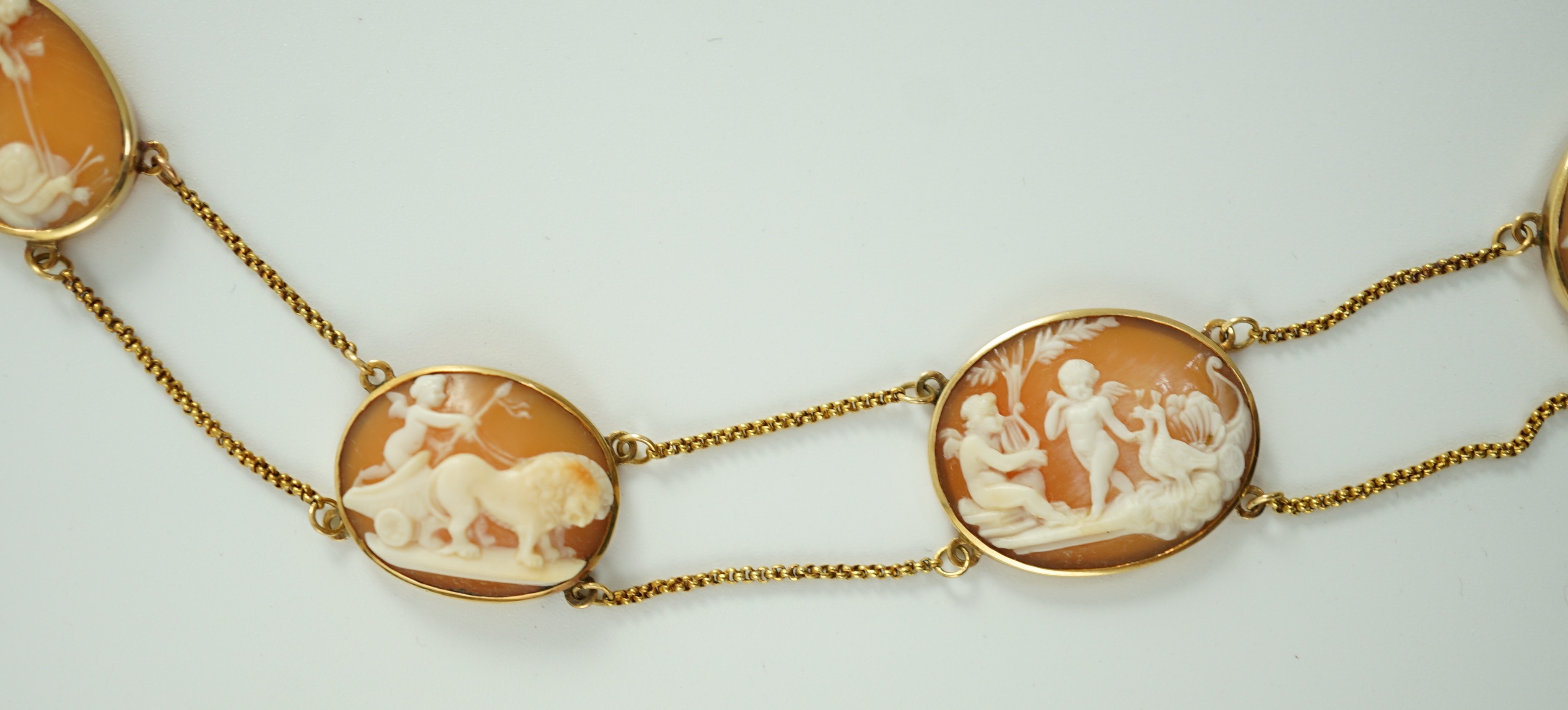 A late Victorian gold and graduated oval cameo shell necklace